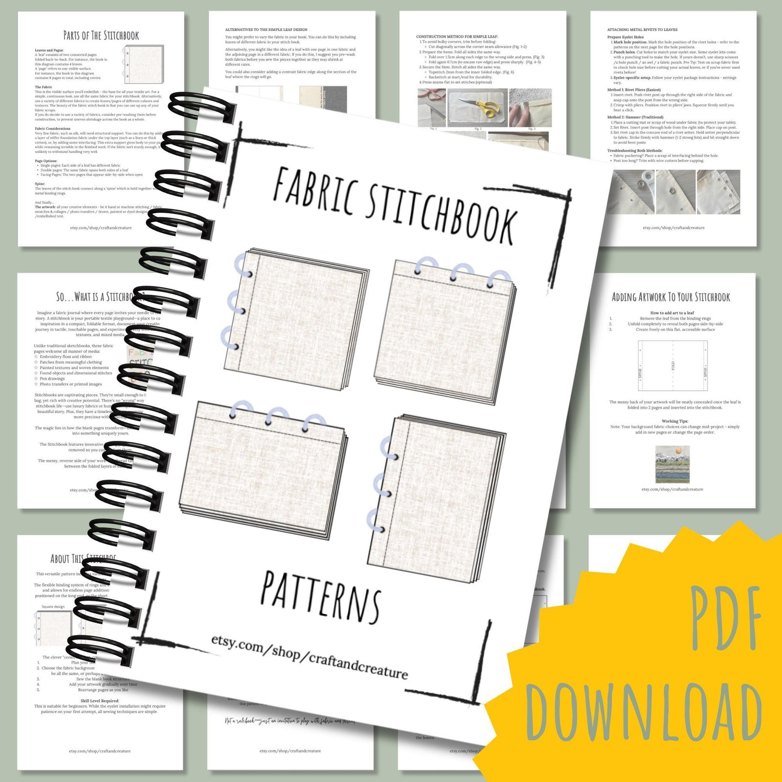 Stitchbook PDF Pattern Fabric Journal Template Embroidery Mixed Media fabric sketchbook digital download stitch book pattern DIY sewing book