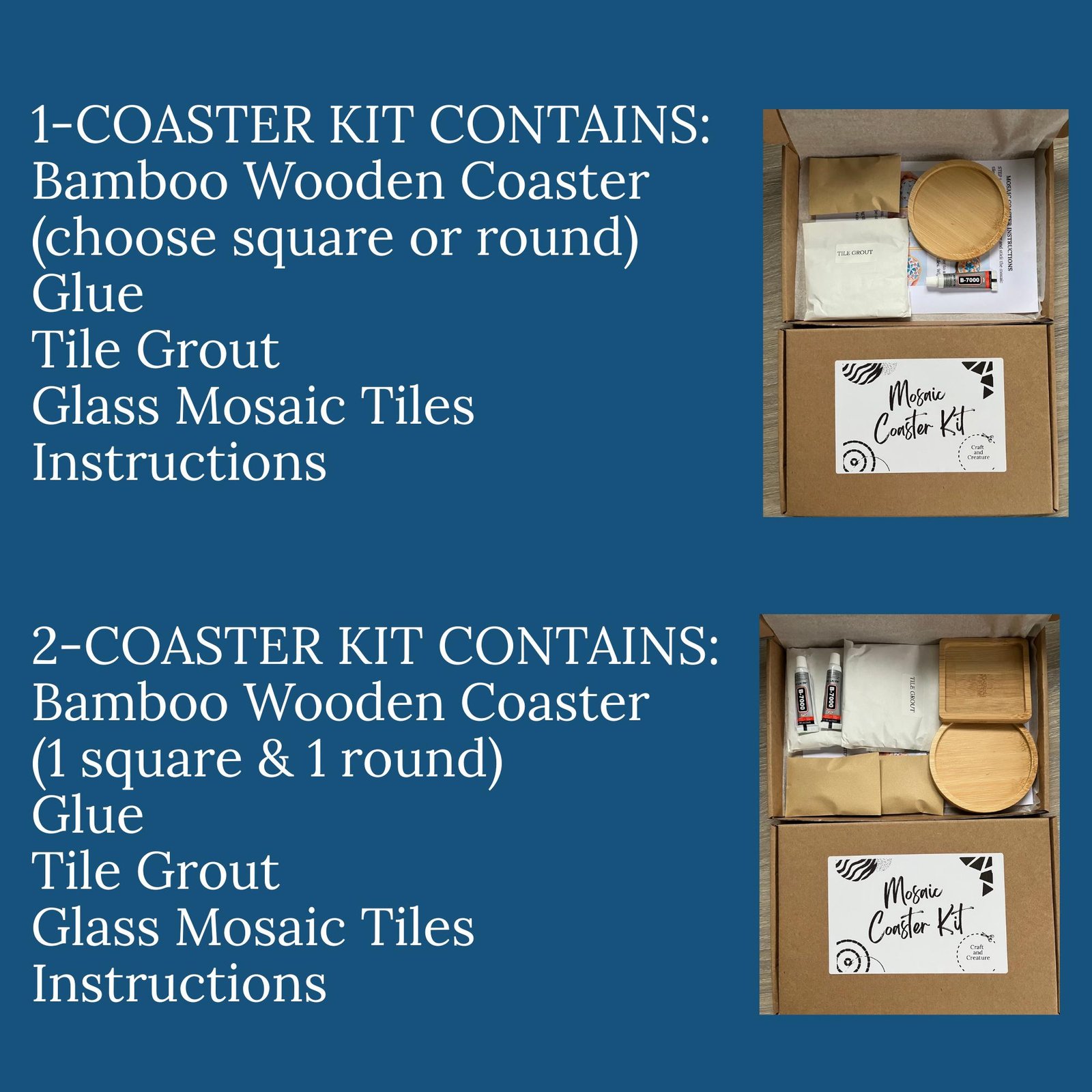 Mosaic Tile Coaster Kit - DIY Stained Glass Craft with Bamboo Base, Tiles, Glue & Grout Round or Square coasters, Perfect Gift for crafter - Image 2