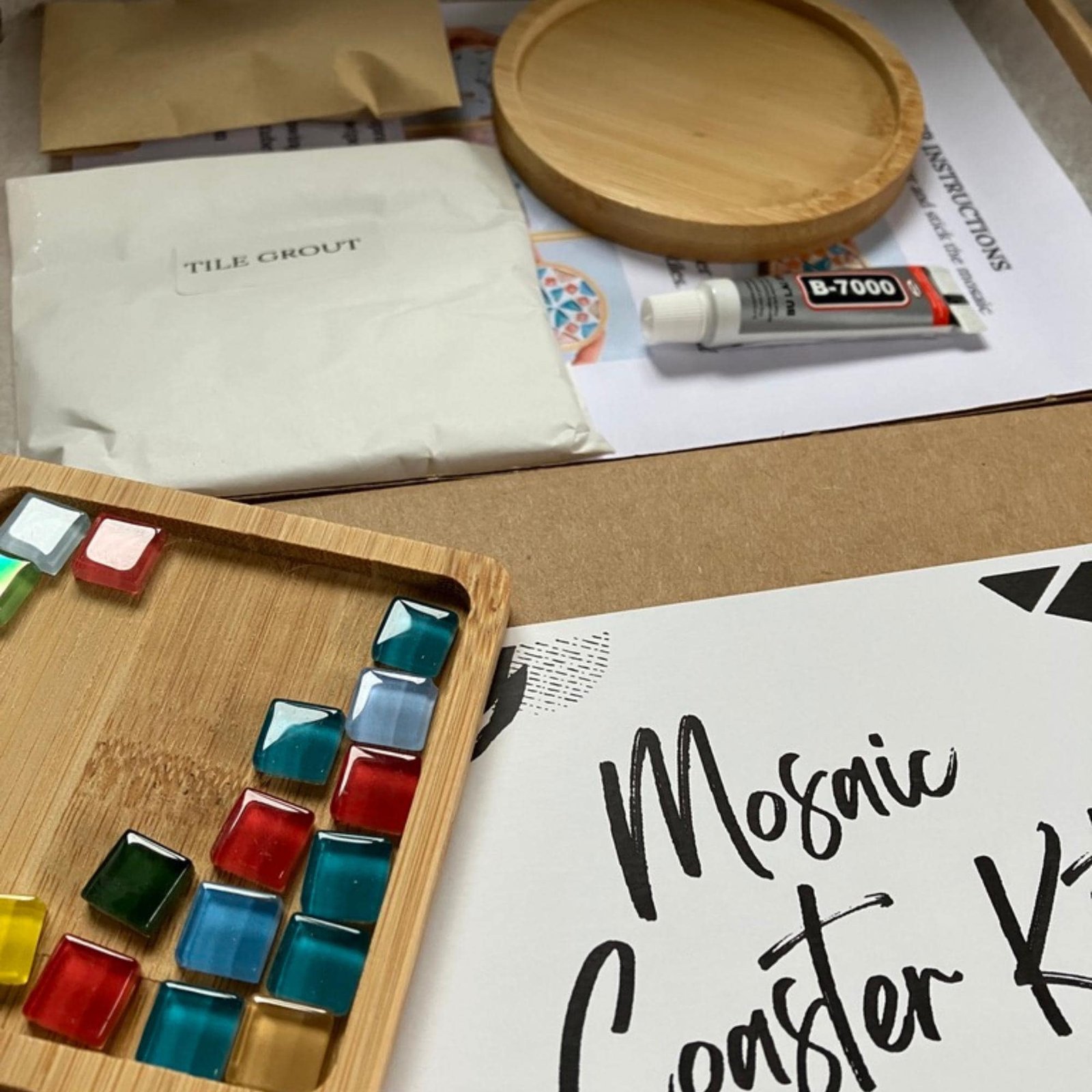 Mosaic Tile Coaster Kit - DIY Stained Glass Craft with Bamboo Base, Tiles, Glue & Grout Round or Square coasters, Perfect Gift for crafter - Image 5