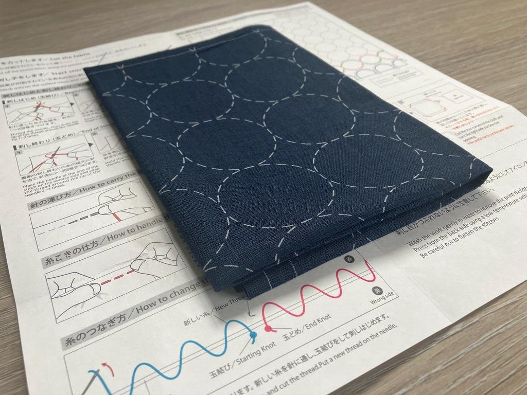 Cosmo Sashiko Panel Pre-Printed Circle Design Dish Cloth, Tea Towel or Cushion Kit Japanese Embroidery Fabric Beige or Blue fabric 32x32cm - Image 2