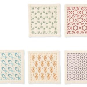 Olympus Hitomezashi Coaster Kit Set of 5 Sashiko Coasters Kit for Beginners Fine Thread Pre-Printed Japanese Embroidery Make 5 Coasters