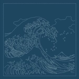 Olympus sashiko picture Great wave off Kanagawa indigo fabric wave design Wash-away Japanese embroidery fabric thin thread pre-printed panel