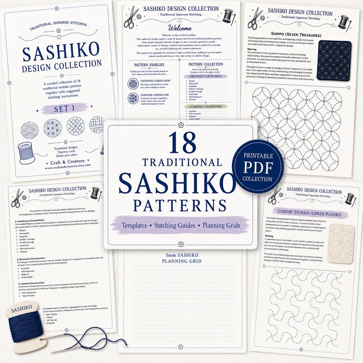 Sashiko patterns PDF set 18 Japanese embroidery designs Printable sashiko templates and stitching guide 5mm design grid Digital download