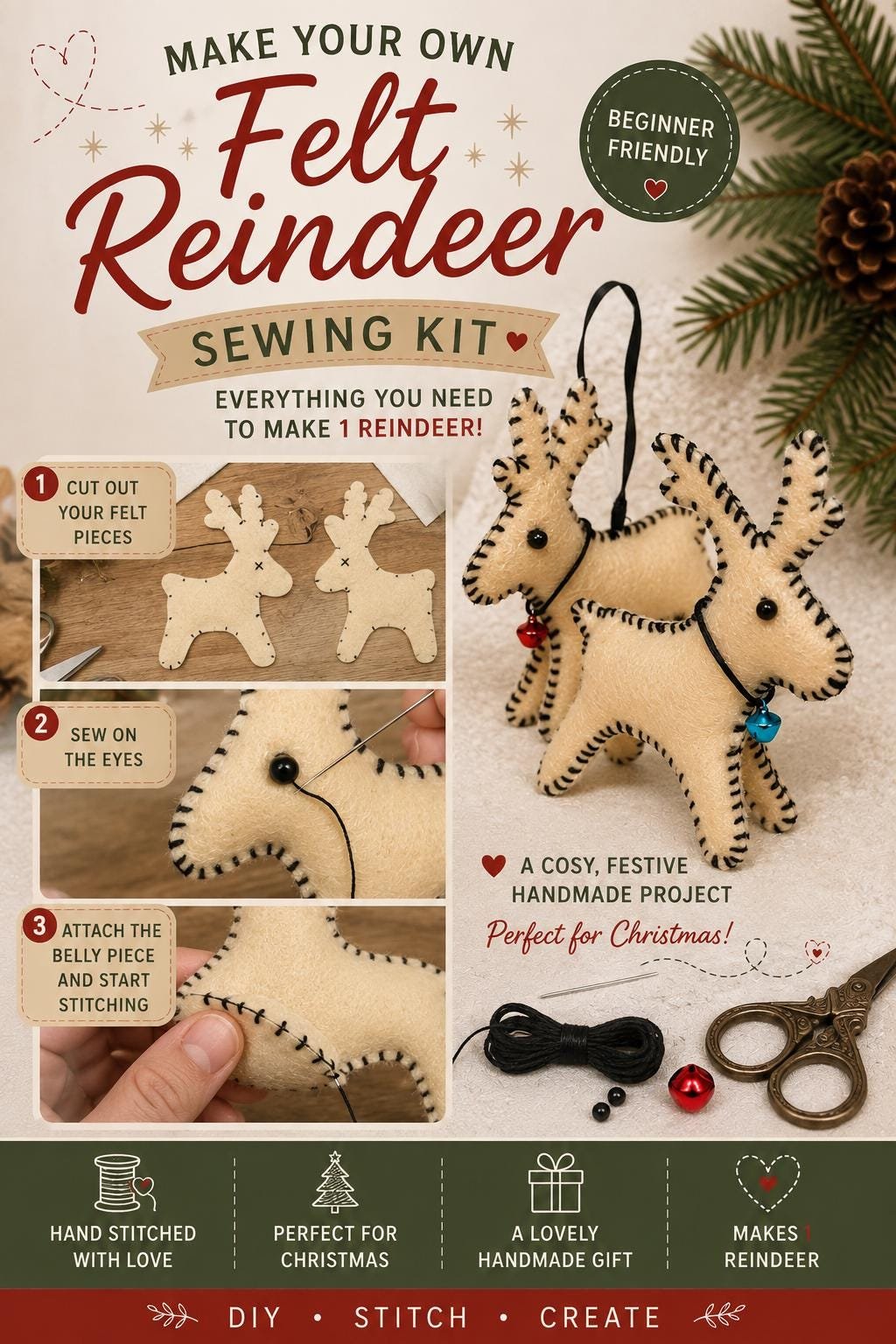 DIY felt reindeer sewing kit Christmas ornament craft kit DIY felt embroidery tree decoration Xmas felt embroidery kit Beginner craft set - Image 10