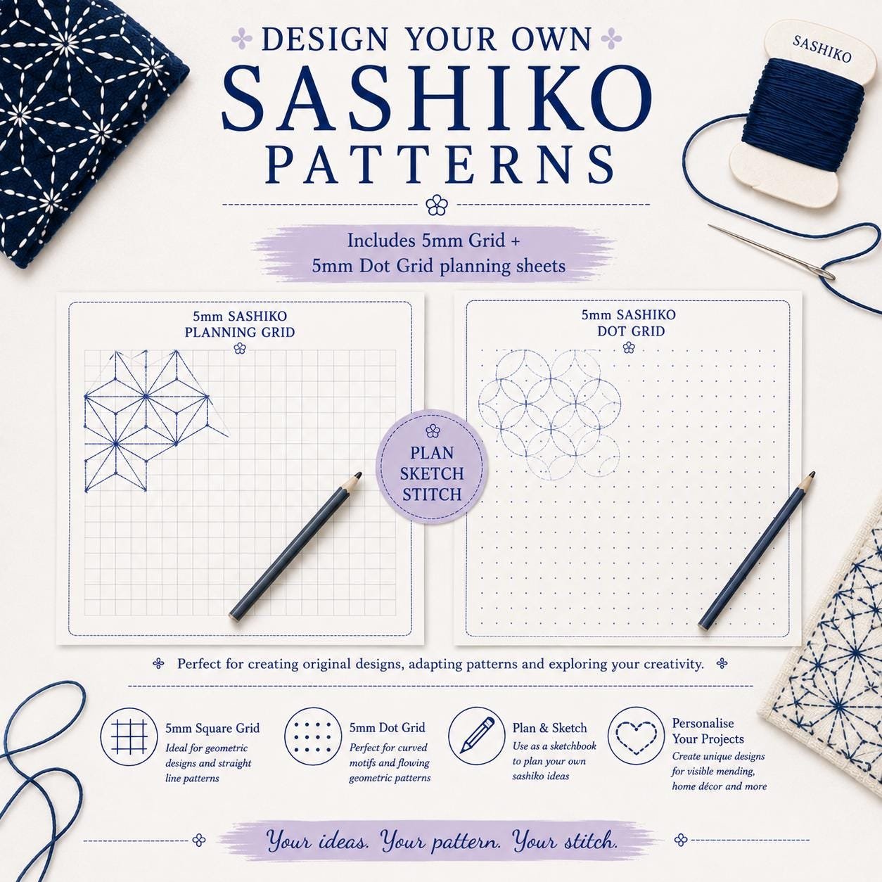 Sashiko patterns PDF set 18 Japanese embroidery designs Printable sashiko templates and stitching guide 5mm design grid Digital download - Image 5