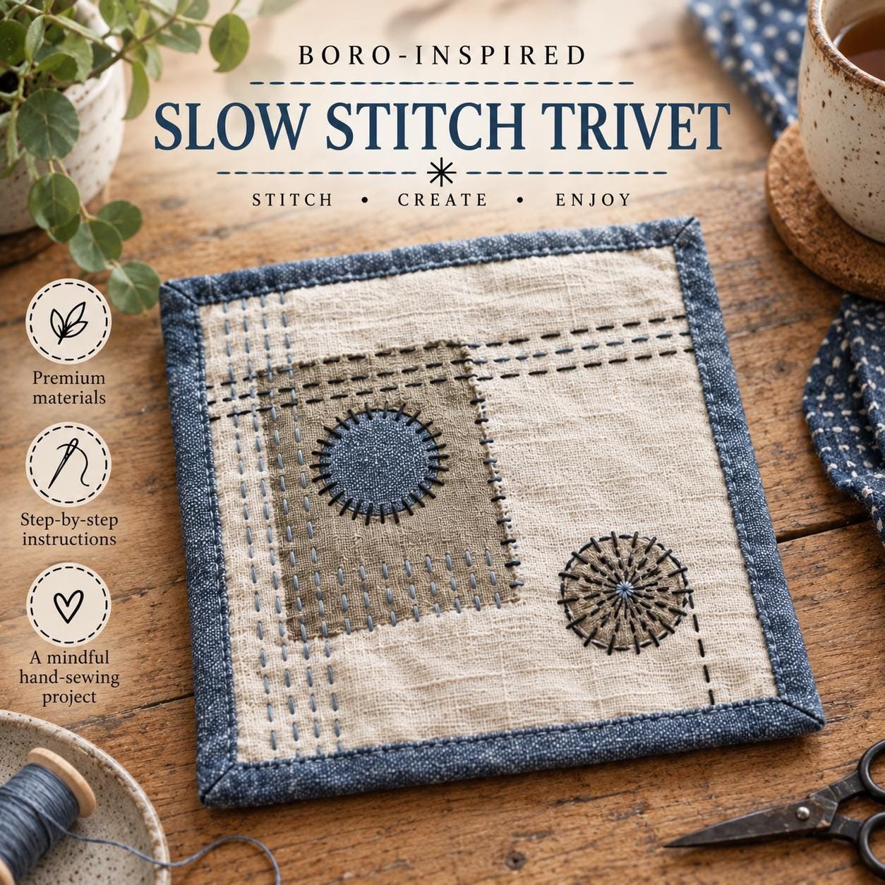 Boro inspired trivet kit Sashiko slow stitch sewing kit for adults Japanese style textile craft DIY sashiko picture Pan rest craft kit