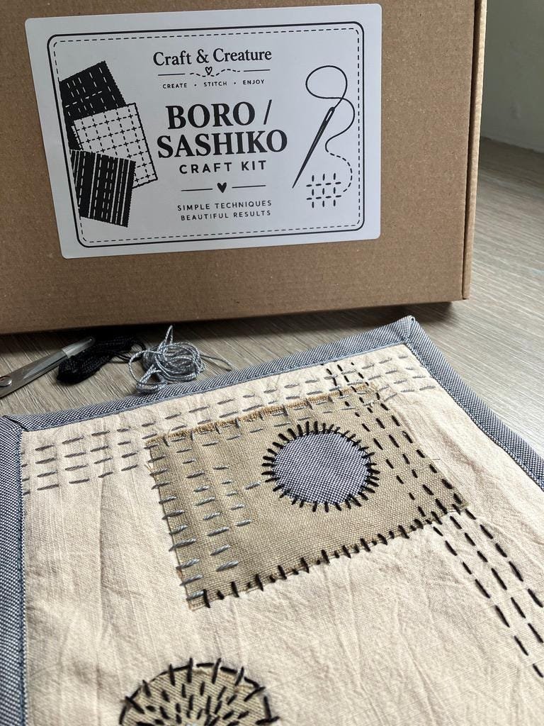 Boro inspired trivet kit Sashiko slow stitch sewing kit for adults Japanese style textile craft DIY sashiko picture Pan rest craft kit - Image 7