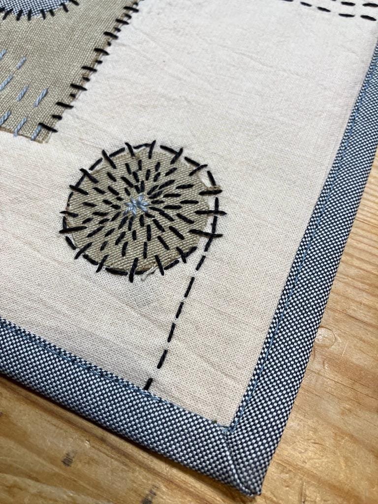 Boro inspired trivet kit Sashiko slow stitch sewing kit for adults Japanese style textile craft DIY sashiko picture Pan rest craft kit - Image 6
